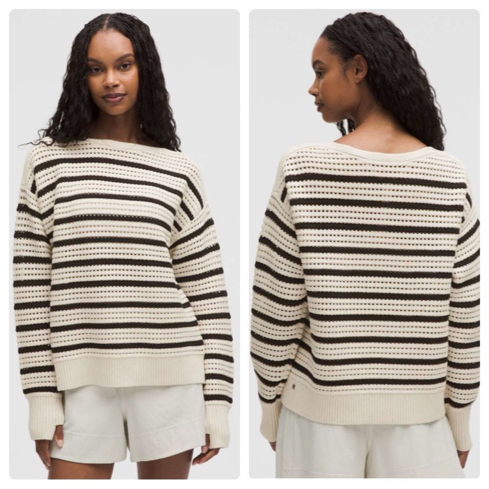 Lululemon Cotton Crochet Pullover in Light Ivory/Black